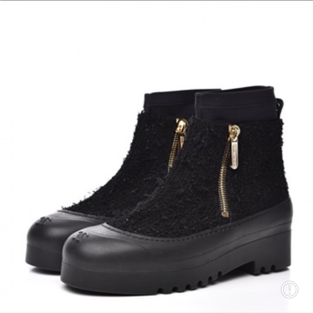 CHANEL Black Ankle Boots with Gold Zippers